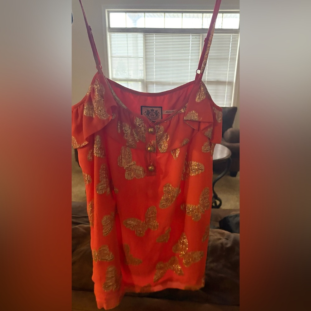 Juicy couture tangerine and gold butterfly tank with ornate gold buttons